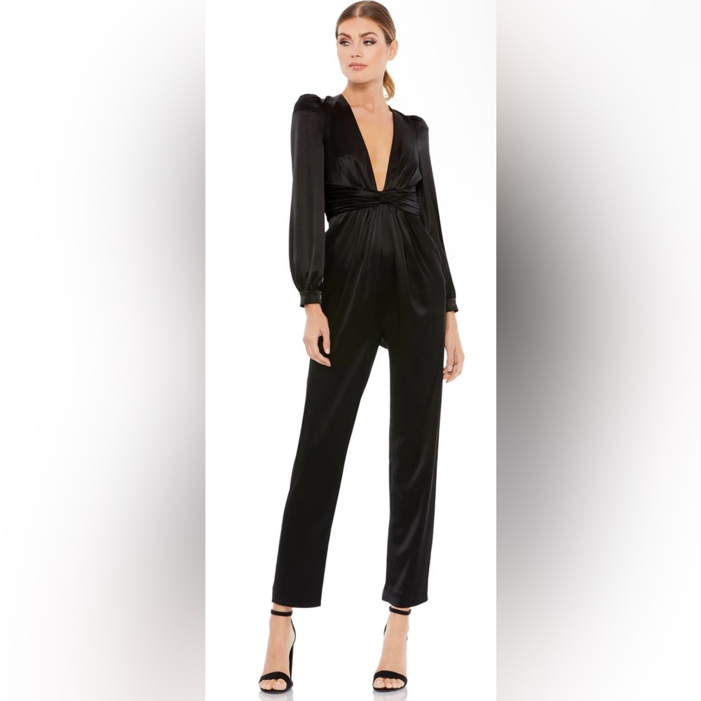 Ieena for Mac Duggal - Front Twist Puff Sleeve Deep V Jumpsuit - A2647